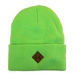 Lime grreen beanie with a 44 logo on leather patch