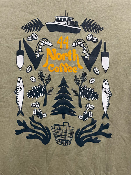100% Cotton sage green t-shirt with blue and yellow nautical 44 North Coffee logo