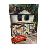 Greeting card with a painting of 44 North Coffee Stonington Cafe and red car out front.
