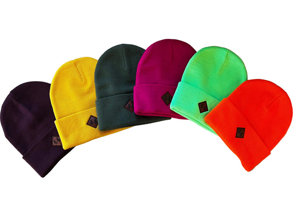 Six knit beanie hats in different colors are arranged in a fan shape on a white background. The colors are dark plum, yellow, olive green, neon fuchsia, neon green, and blaze orange.