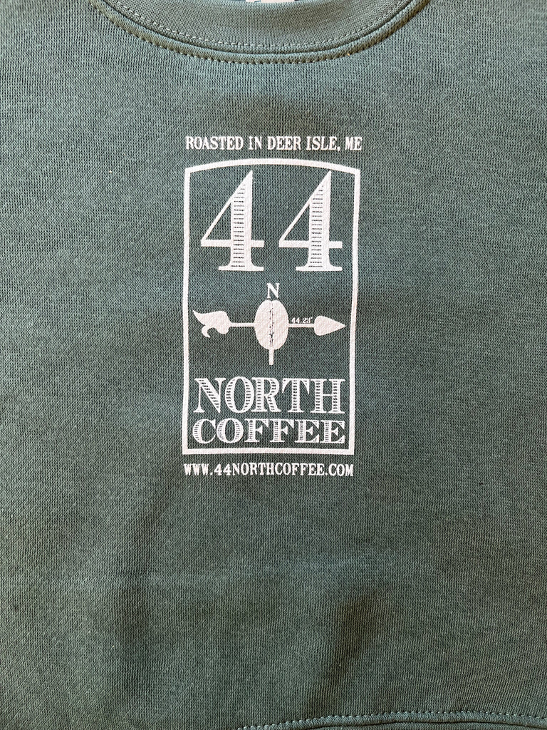 Basil green kids crew sweatshirt with white 44 North Coffee logo