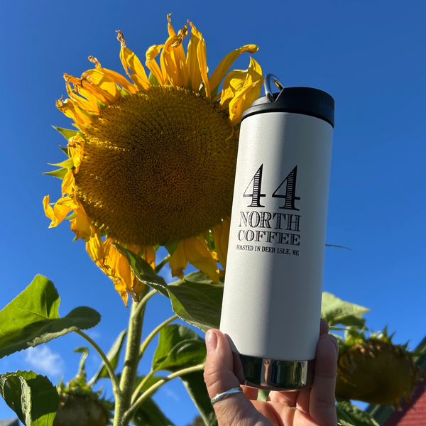16 oz white Klean Kanteen in the sjy by a sunflower